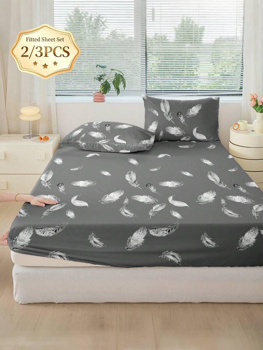 Juego de sábanas ajustadas con estampado de plumas de 2/3 piezas, microfibra cepillada, suave, transpirable y cómoda, lavable a máquina, estilo cottage, fresco e inspirado en INS para camas individuales, matrimoniales, queen y king, ideal para el hogar, dormitorio, habitación de invitados, alquiler vacacional o regalo - Multicolor - Ver 1
