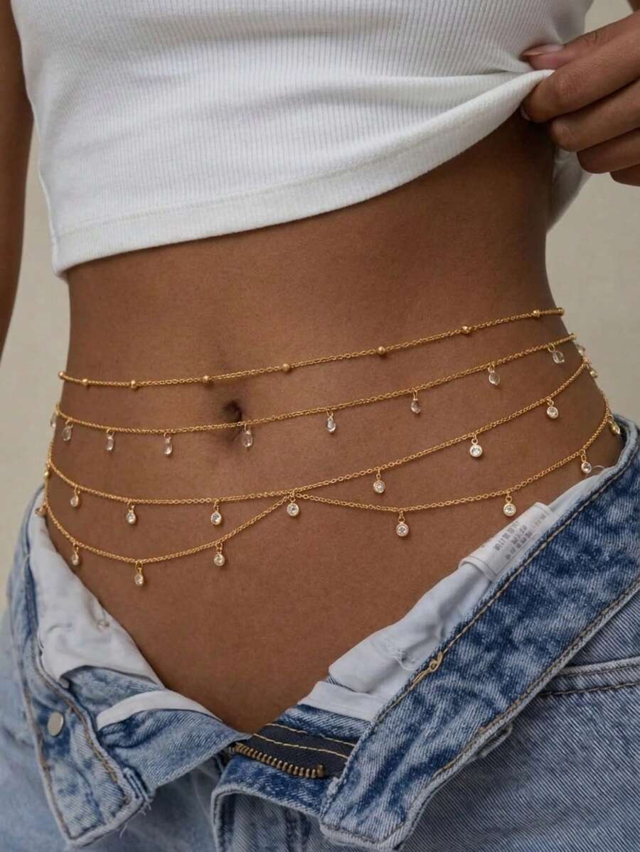 2pcs Sexy Elegant Rhinestone Tassel Beaded Chain Multi-Layer Stackable Waist Chain Bikini Waist Belt Belly Chain Jewelry - Yellow Gold - View 1