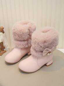 Girls' Pink Plush Bow High Heel Ankle Boots, Thermal Lined Thickened Winter Pearl Princess Dress Boots - Pink - View 1
