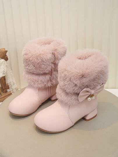 Girls' Pink Plush Bow High Heel Ankle Boots, Thermal Lined Thickened Winter Pearl Princess Dress Boots