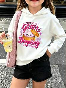 Tween Girls Glitter Dumpling Letter Print Hoodie, Cute Cartoon Graphic Soft Fleece Hooded Sweatshirt - White - View 2
