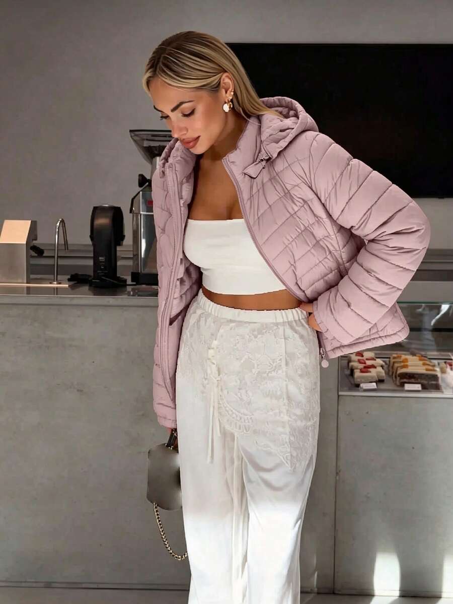 Giolshon Women's Minimalist Hooded Down Jacket With Pockets, Suitable For Autumn And Winter - Baby Pink - View 1