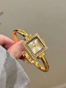 1件女款橢圓形銀黑方框金色錶盤石英休閒手錶，適合日常佩戴 - 金色 - 查看 1