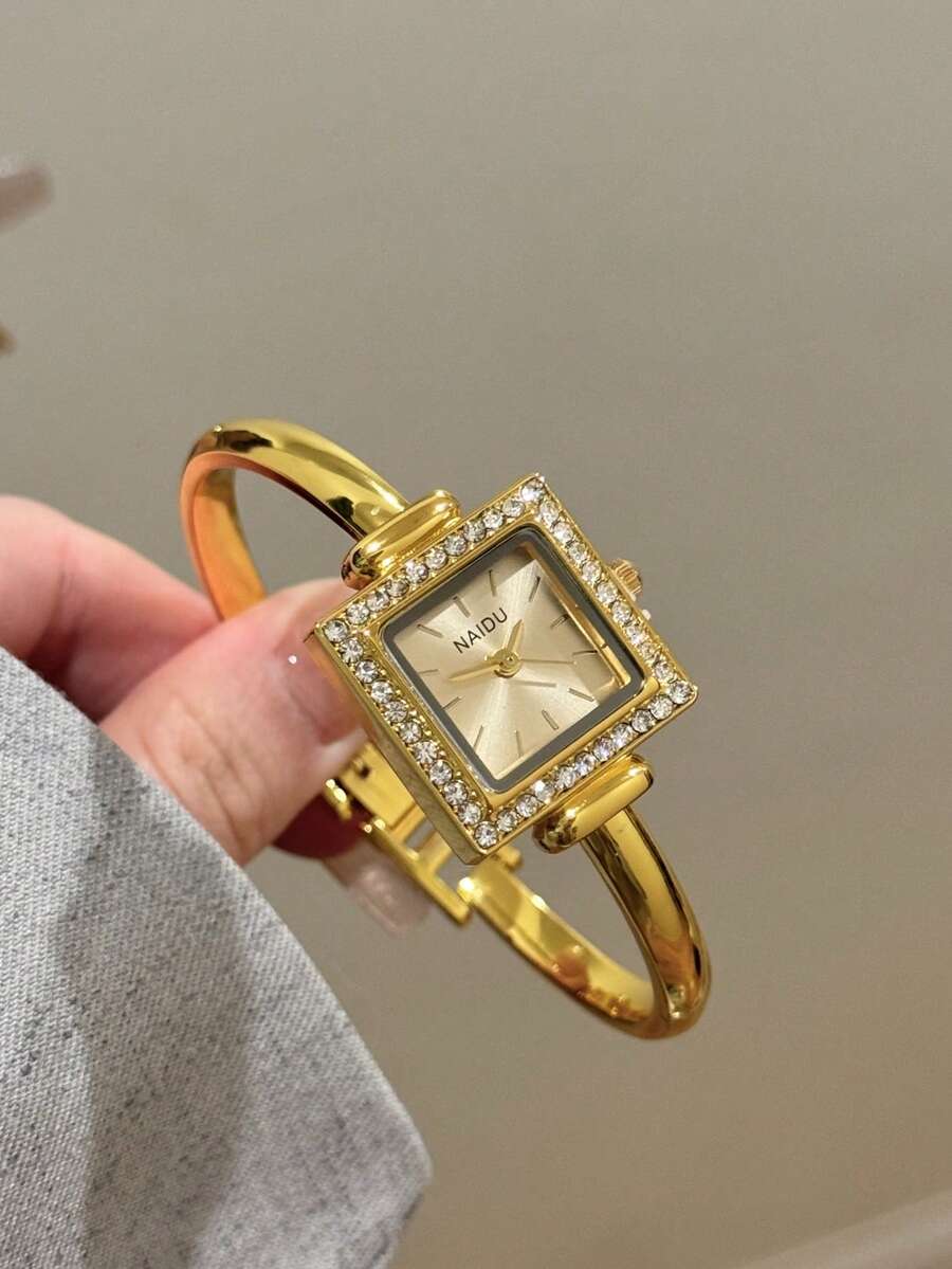 1件女款橢圓形銀黑方框金色錶盤石英休閒手錶,適合日常佩戴 - 金色 - 查看 1