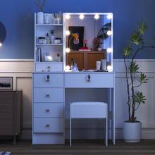 Teousev Dressing Table With LED Lights Mirror & Stool, Vanity Makeup Table With 5 Drawers, Open Storage Shelves, 3 Colour Adjustable Light, Lockable Drawers, White Cosmetic Desk For Bedroom - White - View 6