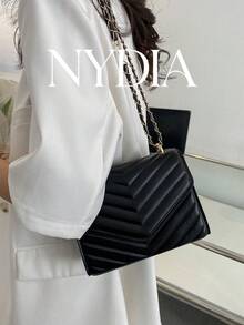 Lightweight,Business Casual Mini Chevron Snap Button Square Bag For Teen Girls Women College Students,Rookies & White-collar Workers Perfect for Office,College,Work ,Business,Commute,Outdoors, Travel, Outings - Black - View 1