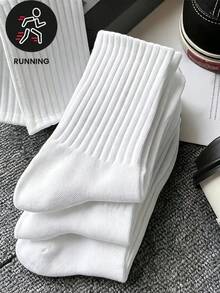 6 Pairs Solid Color Ribbed Mid-Calf Socks, Comfortable And Breathable, Machine Washable And Dry Cleanable, Multiple Colors Available For Women - White - View 5