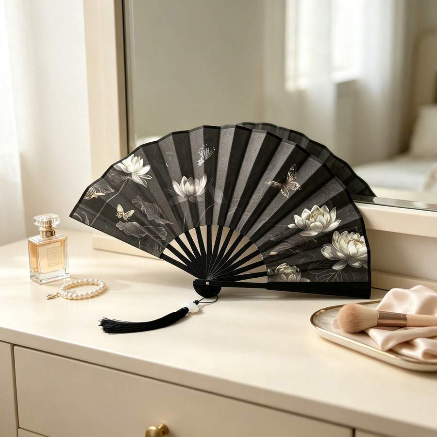 1pc Chinese Style Lotus Butterfly Print Folding Hand Fan With Tassel Pendant, Retro Portable Handheld Fan For Hanfu Qipao Cosplay Photography Summer Decor Gift - Double-sided Ink Lotus - View 1