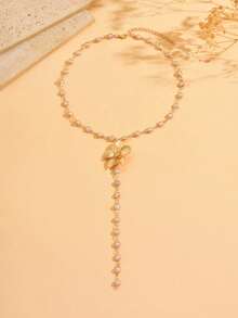 1pc Luxury Design Pearl Y-Shaped Long Necklace, Elegant Gold 3D Floral Decor Jewelry For Women, Suitable For Daily Wear, Parties, Festivals. - Multicolor - View 2