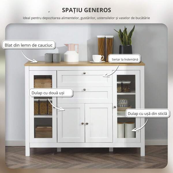 aosom HOMCOM Mobilier de Bucătărie cu 2 Sertare și 3 Dulapuri, Uși din Sticlă și Rafturi Ajustabile, 120x40x90 cm, Alb și Stejar