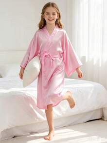 Tween Girl Crossover Short Sleeve Casual Loungewear Robe, Pink - Multicolor - View 6