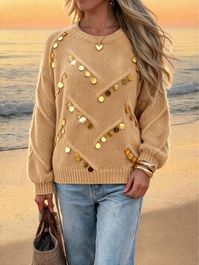 Women's Fashion Long Sleeve Pullover Sweater, Gold Sequin Decor, Regular Length Knit Top, Suitable For Autumn/Winter