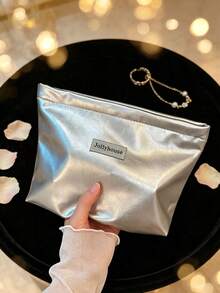 1 Pc Silver Solid Makeup Bag, Minimalist Shiny Fabric Rectangular Zipper Pouch, Portable Cosmetic Storage Bag For Travel Daily Use All Season,Wigs,Makeup Bags - Multicolor - View 10