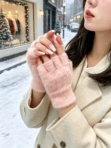 1 Pair Of Women's Open Finger Knitted Plush Gloves, Suitable For Winter Gloves, Essential For Travel And Keeping Warm - One Size - View 3