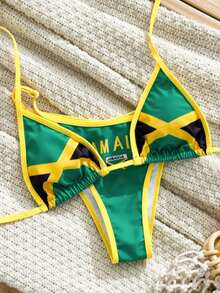 WaveBikini 牙買加國旗印花比基尼套裝，快乾彈性布料，掛脖繫帶兩件式，海灘海邊夏季度假 - 彩色 - 查看 4
