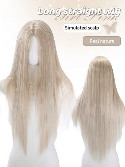 alicegarden 28 Inch Front Lace Wig, Natural Straight Hair, Stunning Blonde, Middle Part Design, Suitable For Women's Daily, Party, Cosplay Use, Natural And Durable, Women's Wig Gift