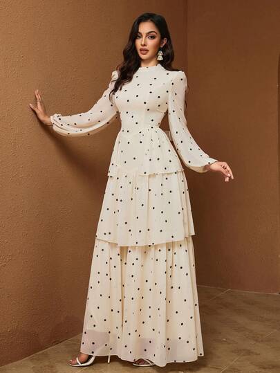 Elegant Women's Polka Dot Long Dress, Stand Collar Long Sleeve, Layered Ruffle Hem, Vintage Formal Occasion Gown