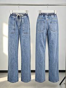 Pantalones vaqueros de corte amplio con cinturón elástico y cordón, bolsillos de trabajo amplios, tela suave lavada para disimular las piernas y favorecer la silueta casual diaria - Zhonglan - Ver 3