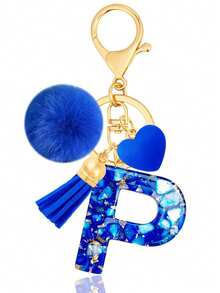 Cute A-Z Initial Keychain With Royal Blue Pom Pom, Heart And Tassel, Minimalist Personalized Key Chain For Women, Bag Charm, Daily Wear Accessory And Gift - Royal Blue - View 20