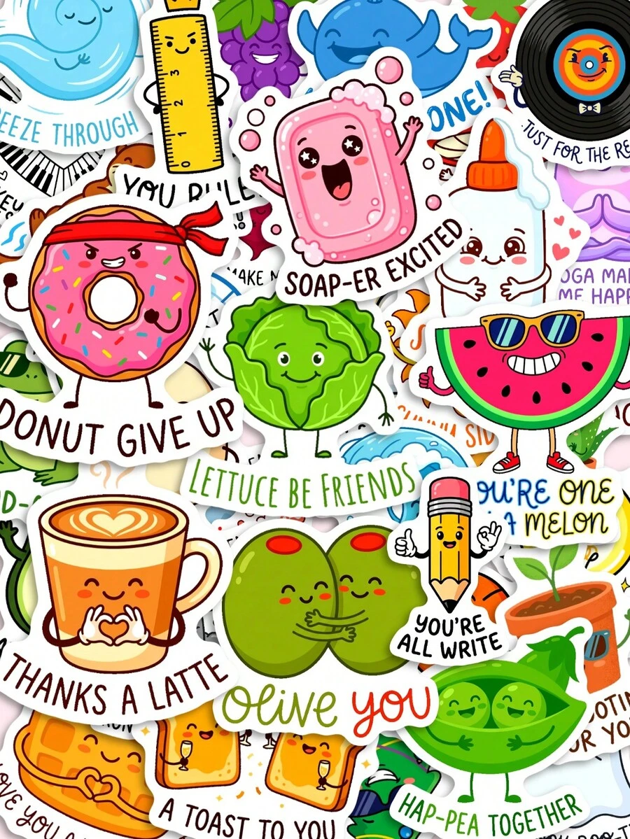 50Pcs Fun Pun Cartoon Stickers, Anthropomorphic Fruits, Vegetables And Food With Humorous English Pun Text Patterns, Suitable For Journal, Water Bottle, Luggage, Notebook, Storage Box - Multicolor - View 1