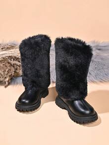 Children's Fashion New Long Fur Trim Soft Leather Boots - Black - View 3