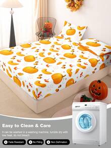 1pc Halloween & Thanksgiving Leaf Pumpkin Print Fitted Sheet, Quiet & Non-Slip, Machine Washable, Durable & Easy Care, All-Season Use, Fits All Bed Sizes, Home, Dorm, Apartment, Guest Room, Rental, Bedroom Decor & Holiday Gift - Multicolor - View 8
