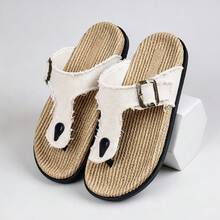 Men's Frayed Edge Adjustable Buckle Thong Flip Flops, Vintage Slouchy Summer Daily Beach Casual Flat Sandals - White - View 6
