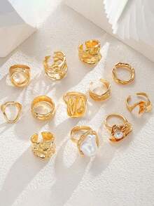 12/3pcs Set Asymmetric Pearl Flower Rings, Geometric Design, Iridescent, Hollow Round, Multi-Layer Metal Texture, Extra Large, Rugged Chic, Elegant Vintage, Suitable For Holidays, Parties, Dates, Gifts, Daily Wear - Gold - View 4