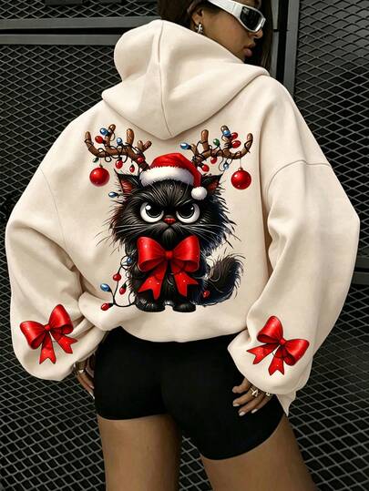 Christmas Element Cat Bow Print Pattern Sweatshirt, Plus Size Women's Casual Autumn/Winter Long Sleeve Pocket Sweatshirt, Suitable For Winter Holiday Outfits, Beach Outfits, Vacation Outfits, Halloween Outfits, Thanksgiving Outfits, Christmas Outfits, New Year Outfits. Suitable For Daily Wear, Going Out Tops, Outings, Holidays, Beach, Parties, Beach, School, Graduation, Luxury, Vacation, Commuting, Fitness, Weddings, Fashion, Winter Tops, Women's Autumn Outfits, Women's Holiday Clothing