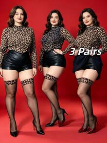 1/3 Pcs Fashion Leopard Print Spliced Plus Size Over The Knee Socks, Comfortable Fitted Thigh High Socks For Women, Stylish For Party Occasions - Black - View 6
