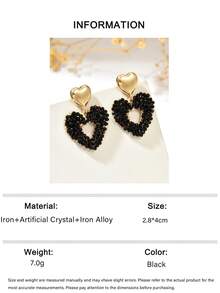 1pc Luxury Fashion Personalized Hollow Handmade Woven Artificial Crystal Heart Pendant Earrings, Suitable For Women's Daily, Vacation, Party, Wedding Season Gift - Black - View 8