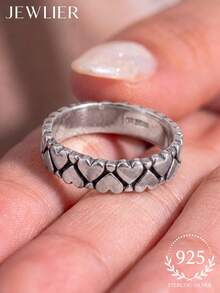 1pc 925 Sterling Silver Vintage Double Layer Heart Ring, Fully Pave Zirconia Cubic Zirconia, Unisex, Suitable For Daily Wear And Party Accessory - Silver - View 2