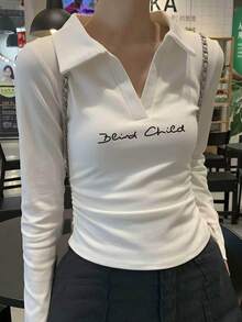 Korean Style Gentle V-Neck Long Sleeve T-Shirt For Women, Side Ruched Cinched Waist Versatile All-Match Layering Top Casual White - White - View 5