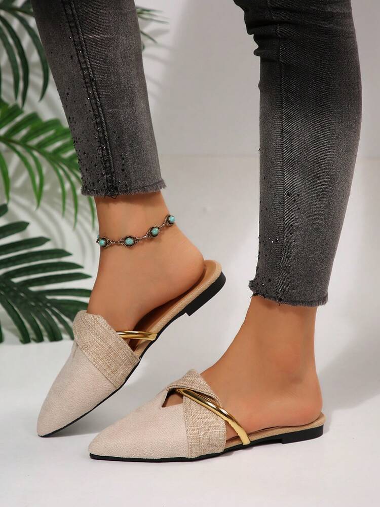 Beige Women's, Suede Leather Hollow Decor, Slip-On Backless Loafers, Low Vamp Casual Elegant Driving Loafers For Commuting And Office - Beige - View 2