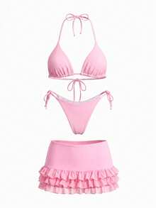 Set Pakaian Renang Wanita Musim Panas Warna Pink Muda Polos Seksi Modis Model Bikini Halter Dua Potong dengan Penutup Berumbai Tiga Lapis Jala yang Lucu untuk Liburan - Berwarna merah muda - View 6
