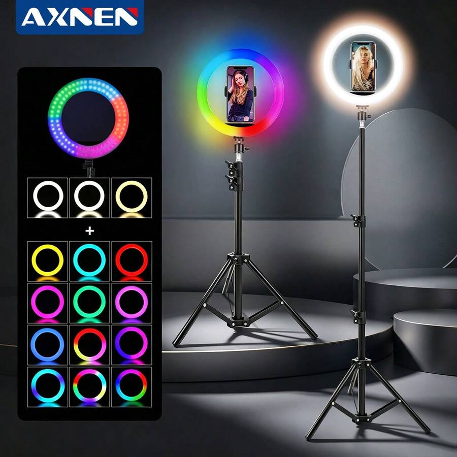 AXNEN 10-Inch Adjustable Selfie Ring Light With Stand And Phone Holder, 38 Color Modes, Dimmable LED Light For Makeup, Compatible With IOS And Android Phones - Black and White - View 1