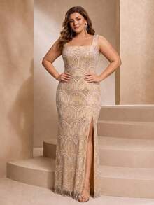 VIPGIRL Apricot Women's Long Knit Evening Dress, Decorated With Beaded Details And Lace-Up Back, Elegant Plus Size Ball Gown - Apricot - View 5