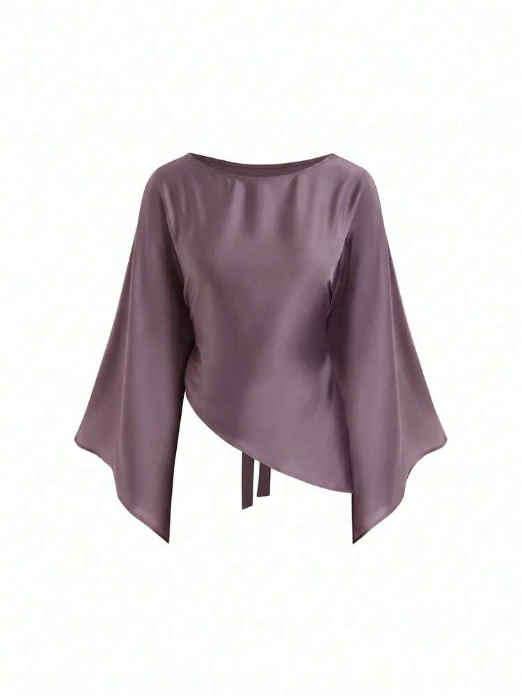 VINOVA Women's Elegant Boat Neck Asymmetric Blouse, Long Bell Sleeve Satin Top, Summer Top, Autumn Outfit, Holiday Outfit, Going Out, Vacation - Dusty Purple - View 7
