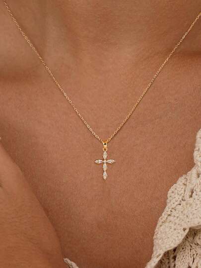 1pc 14K Gold Plated Cross Pendant Necklace, Fashionable And Versatile Zirconia Cross Pendant Necklace,Minimalist Cute Choker Necklace, Gold Jewelry