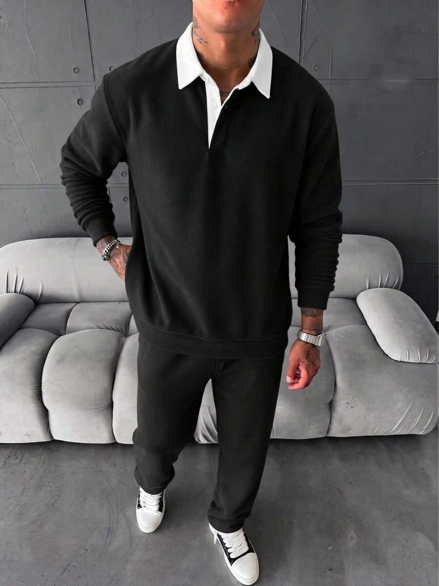 Men's Colorblock Polo Collar Fleece Sweatshirt, American Retro Loose Fit Warm Long Sleeve Commuter Versatile Black Pullover - Black - View 1