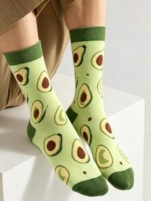 1 Pair Women's Avocado Jacquard Mid-Calf Socks, Spring/Autumn/Winter Artistic Casual Socks, Fruit Pattern, Personalized & Cute, Suitable For Daily Wear - Multicolor - View 1
