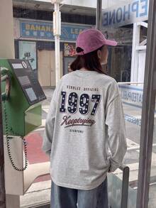 女款時尚春夏寬鬆圓領休閒街頭風百搭卡通印花長袖T恤 - 淺花灰 - 查看 5