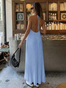 2026 Spring/Summer New Fashion Elegant Casual Commute Daily Date Holiday Travel Tea Party Beach Pleated Backless Halter Neck Dress - Blue - View 7
