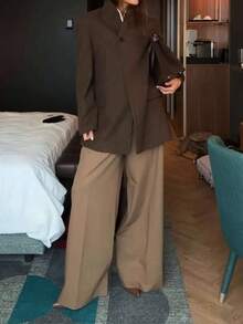 SMILE CHIC 女款復古休閒日常通勤百搭單扣V領假口袋人字紋粗花呢內裡西裝外套 - 棕色 - 查看 5