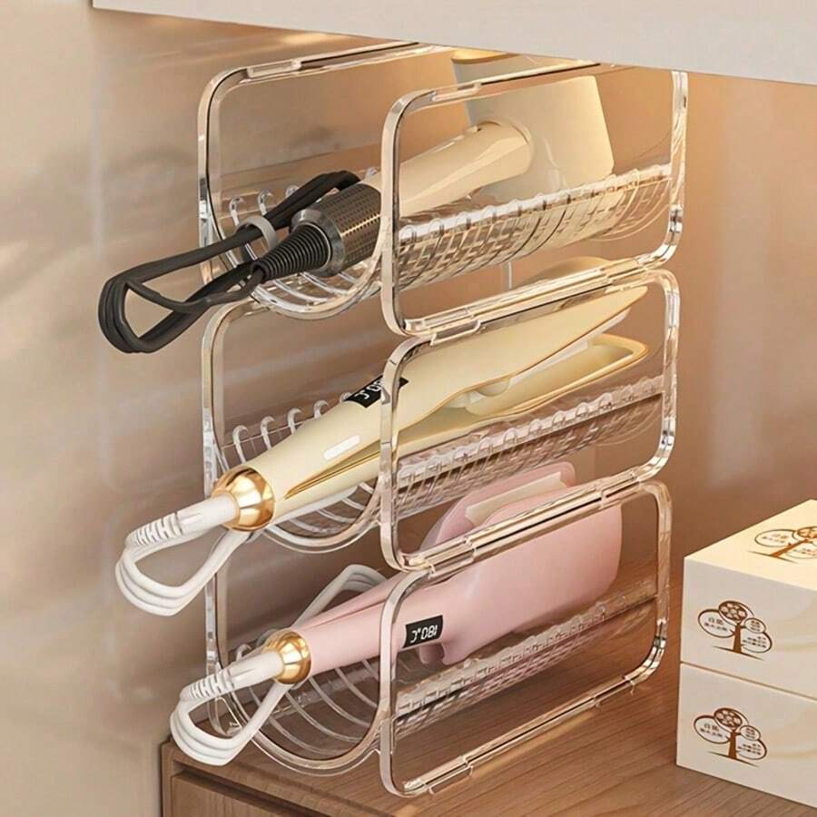 1/2pcs Desktop Transparent Storage Rack, Hair Dryer Holder, Transparent Acrylic Storage Rack, Stackable Curling Iron Holder, Suitable For Bathroom Vanity Storage, Can Store Hair Dryer, Curling Iron, Hair Styling Tools, Etc. - Multicolor - View 1
