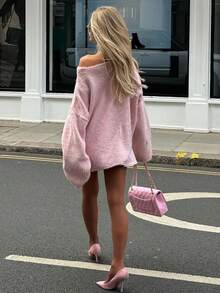 Soft Style Women's Pink Knitted Long Sleeve Regular Length Slightly Elastic Sweater, Ideal Choice For Creating Fashionable Autumn, Winter And Spring Outfits. - Pink - View 3