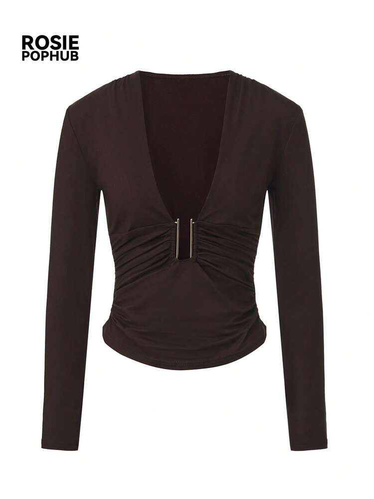 ROSIE POPHUB Women's Brown Deep V‑Neck Metal Bar Cutout Ruched Slim Fit Long Sleeve Top, Party Daily Tee For Autumn Winter - Coffee Brown - View 7