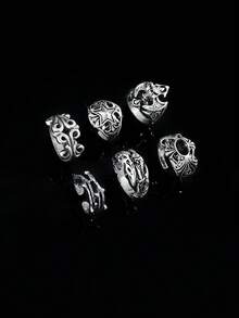 European & American Dark Skull Ring Set, Men's Hip-Hop Niche Punk Exaggerated Pentagram Finger Rings, Men's Hand Jewelry - Skull Pentagram Ring - View 3