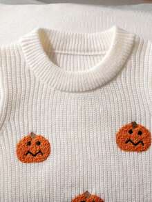 Boys Cute Solid Color Pumpkin Head Embroidered Knit Pullover Sweater, Suitable For Halloween, Daily Wear, Vacation, Spring, Autumn, Winter - Apricot - View 7