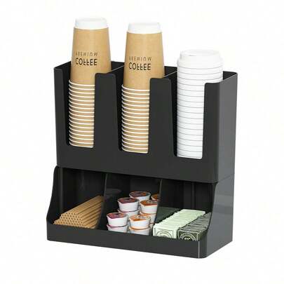 1 pieza Organizador de estación de café de plástico de 2 niveles en color negro/blanco, adecuado para encimera, almacenamiento de té y condimentos, estante de almacenamiento de barra de café, adecuado para sala de descanso de oficina, cocina del hogar, este organizador de accesorios de estación de café es perfecto para barra de café del hogar, encimera de cocina, sala de descanso de oficina, cafetería, restaurante, vestíbulo de hotel o dormitorio universitario. También es un gran regalo para inauguración de casa, cumpleaños, Acción de Gracias, Navidad y otras ocasiones especiales